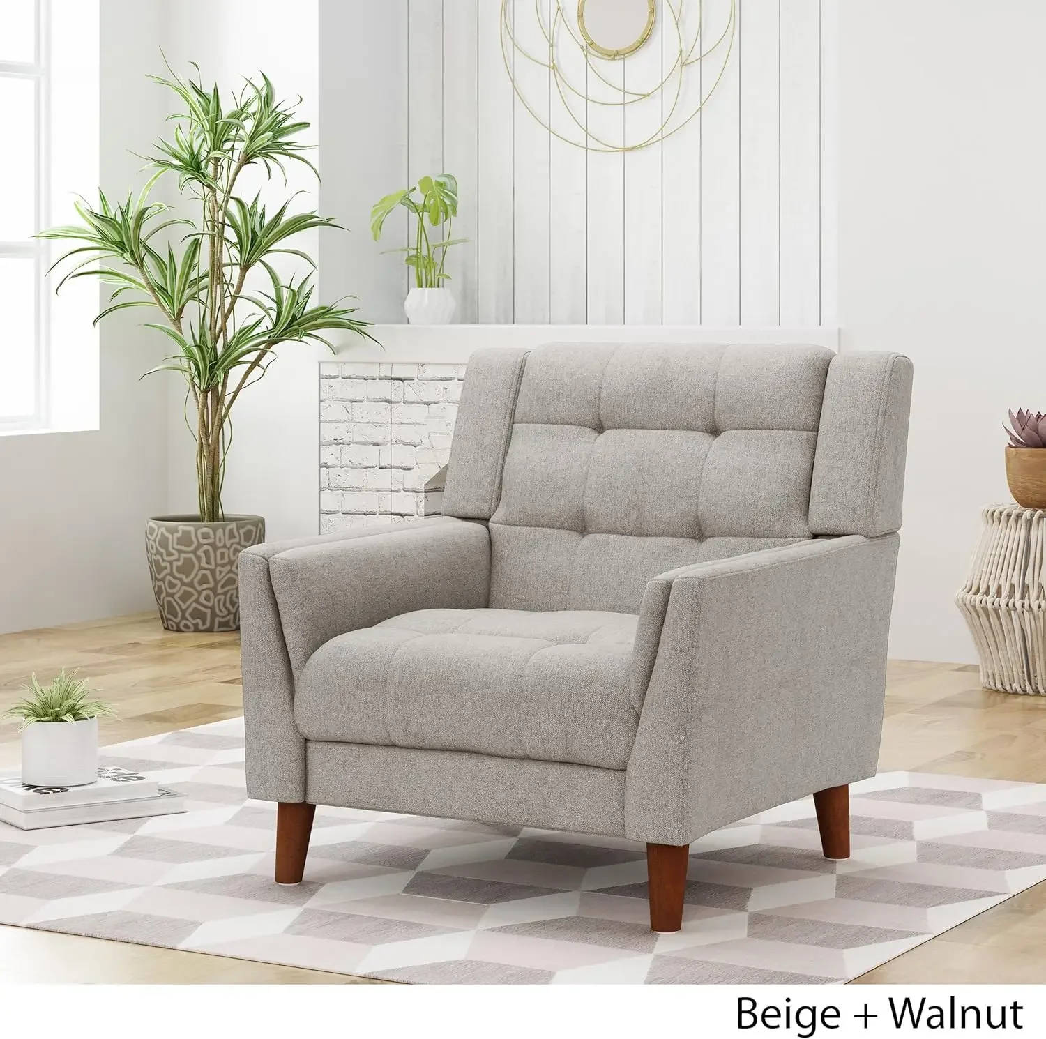 

Evelyn Mid Century Modern Fabric Arm Chair, Beige & Walnut