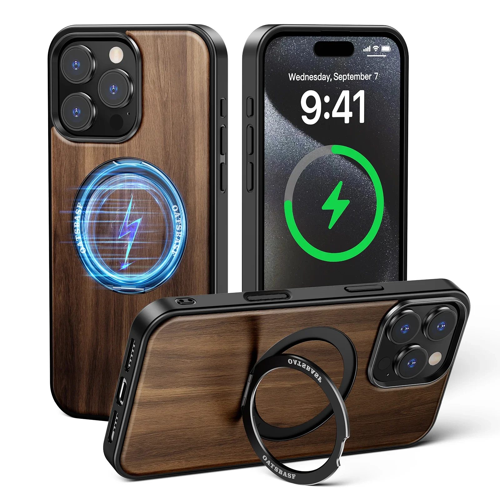 Eary for iPhone 16 15 Pro Max Case with Magsafe Kickstand 360°Rotatable Magnetic Stand Shockproof Protective Cover Unique Wooden