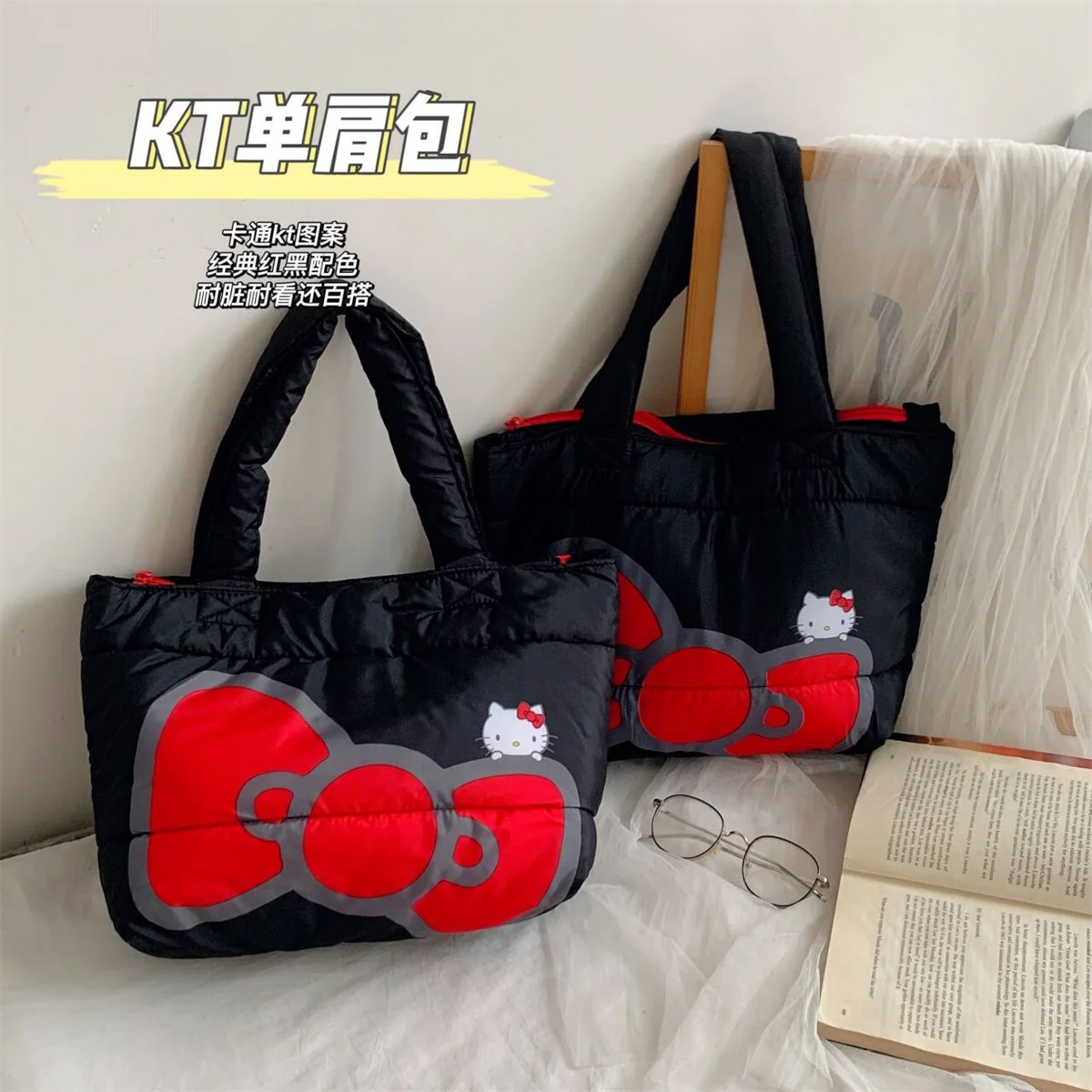 

Hello Kitty Handbag Autumn Winter Cotton Bag Women's Shoulder Bag Black Double Pattern Padded Handbag Down Bag For Girls Women