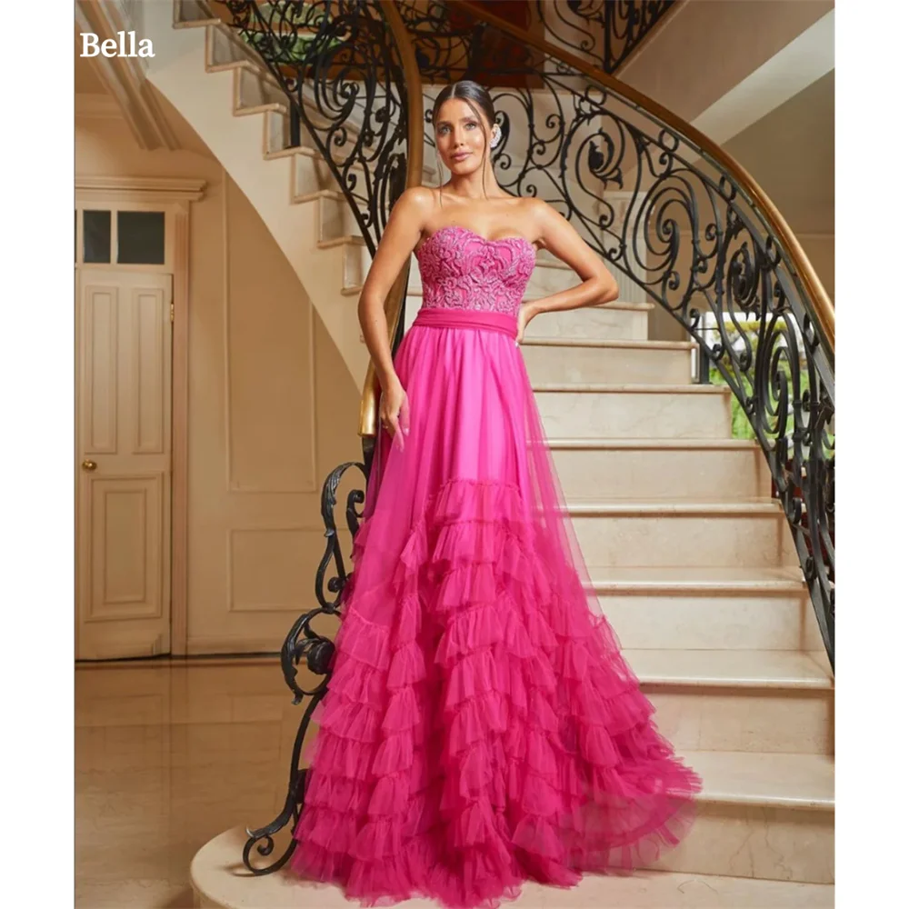 Bella-A-Line vestido sem alças com apliques, Andar de comprimento, vestidos de noite, vestido de casamento formal, sem mangas, apliques, rosa