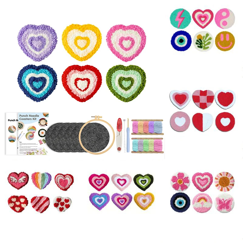 

GATYZTORY Punch Needle Coasters Kit For Adults Punch Needle Embroidery Set 6 pcs Heart Pattern DIY Craft Cup Pad Home Decor