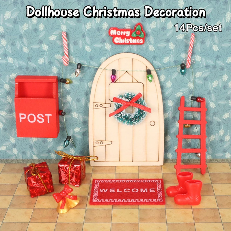 1Set 1:12 DollHouse Elf Door Christmas Decor Oil Lamp Wreath Mailbox Sled Doormat Fence Fairy Toyhouse Miniature Scene Model