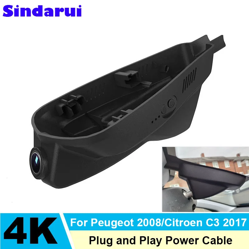 Dual Lens Dashcam para Peugeot, Plug and Play, WiFi, Carro DVR, Gravador de Vídeo, 4K, HD 2160P, 2008, 208, Allure, 2012, 208, GT, 2016, 2017, Novo