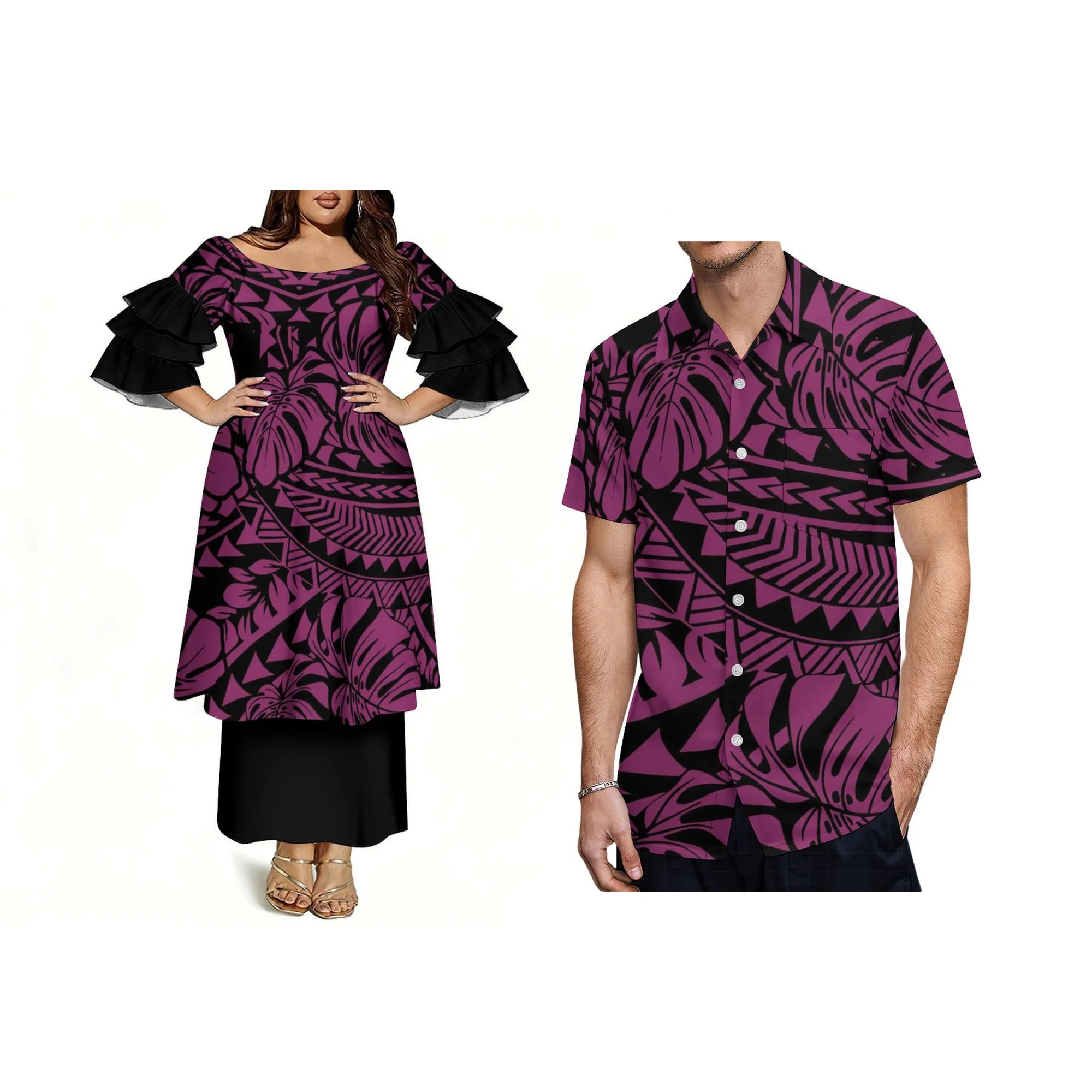 Wholesale Customized off the Shoulder Dress Fashion Three Layer Sleeve Prom Samoa Puletasi Dress Two Piece Outfits