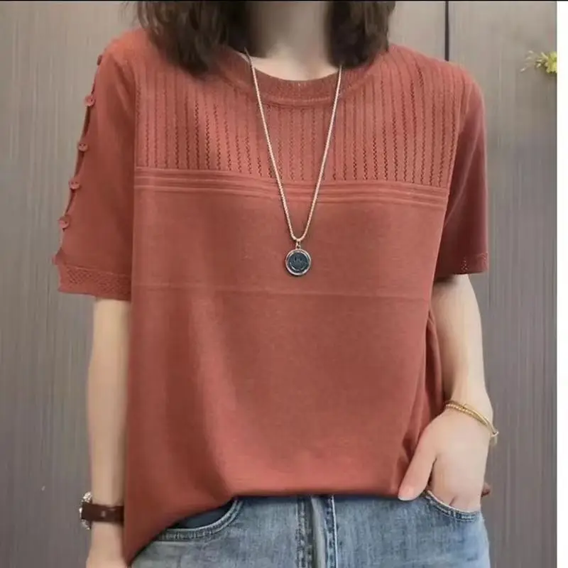 Women Clothing Simple Casual Hollow Solid Comfortable Knitted T Shirt Summer Female Round Neck Short Sleeve Loose Pullover Tops