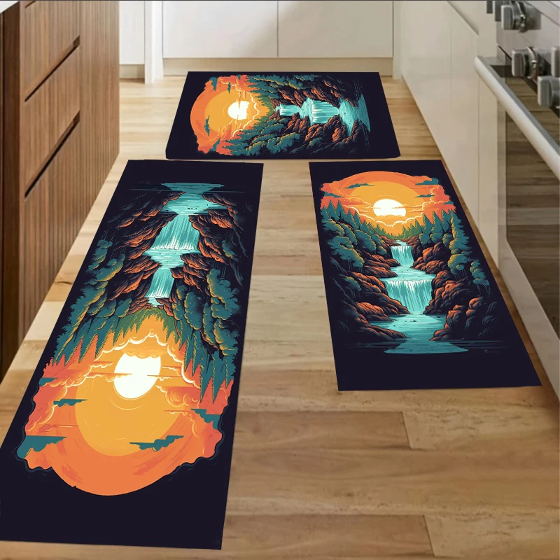 

Forest Waterfall Sunrise Kitchen Rug Set - Vibrant Landscape Print NonSlip Roof Runner Rug for Kitchen Laundry Room &Cabin Decor