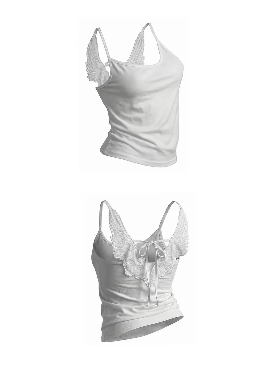 HOUZHOU White Angle Wings Embroidered Camis Y2K Sexy Sleeveless Backless Bow-Tie Straps Slim Vest Woman Summer Tank Top