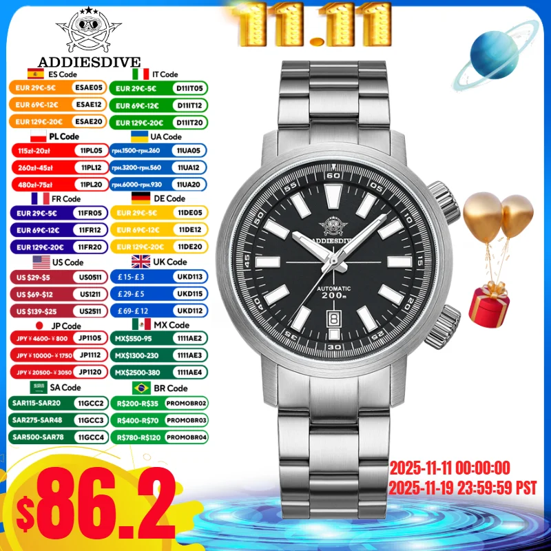 

ADDIESDIVE Automatic Mechanical Watches 8215 Sapphire Crystal Reloj Hombre 200M Waterproof BGW9 Super Luminous Men Diver's Watch