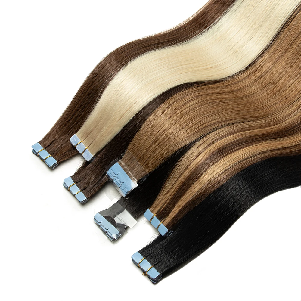 Mini nastro nelle estensioni dei capelli umani Trama della pelle fatta a macchina Nastro naturale Remy nell'estensione dei capelli Nastro invisibile 3x0,8 cm 10 pz/pacco
