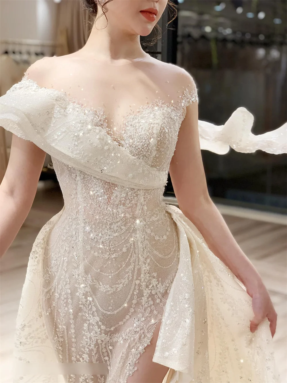 Lussuosi abiti da sposa a sirena in pizzo con paillettes splendido abito da sposa con una spalla abito da sposa con spacco alla coscia Vestidos De Novia