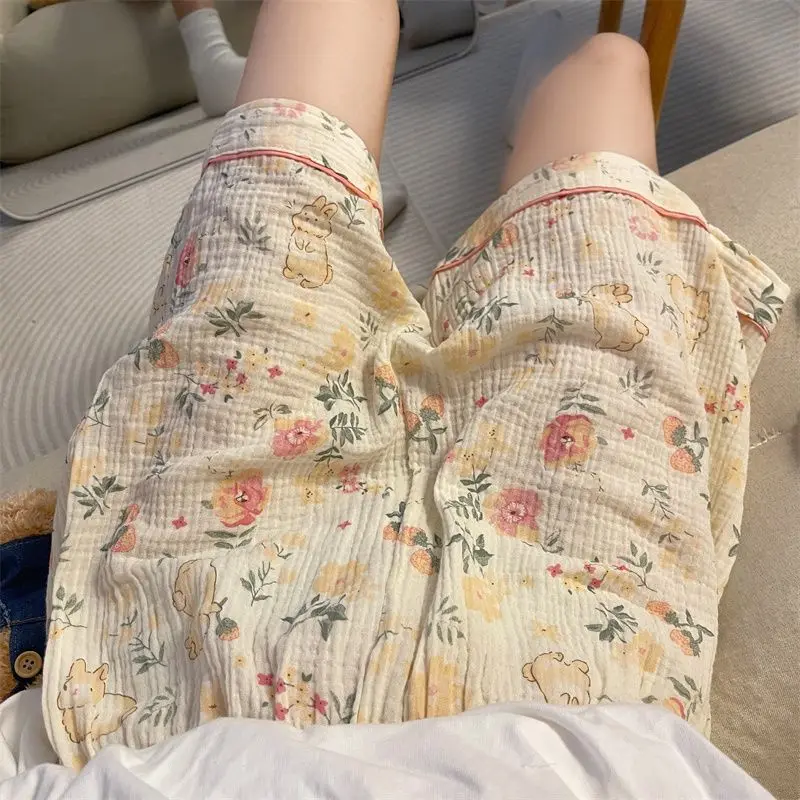 

Летние женские хлопковые льняные пижамные шорты, тонкие дышащие шорты для дома, повседневная одежда, женские шорты для сна с цветочным принтом