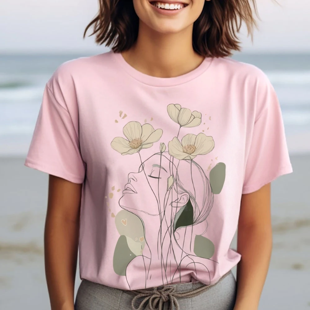 

Floral Woman Line Art Graphic T - Shirt, Boho & Elegant Vibe, Soft and Comfortable Fabric, Ideal for Casual Bohemian Look