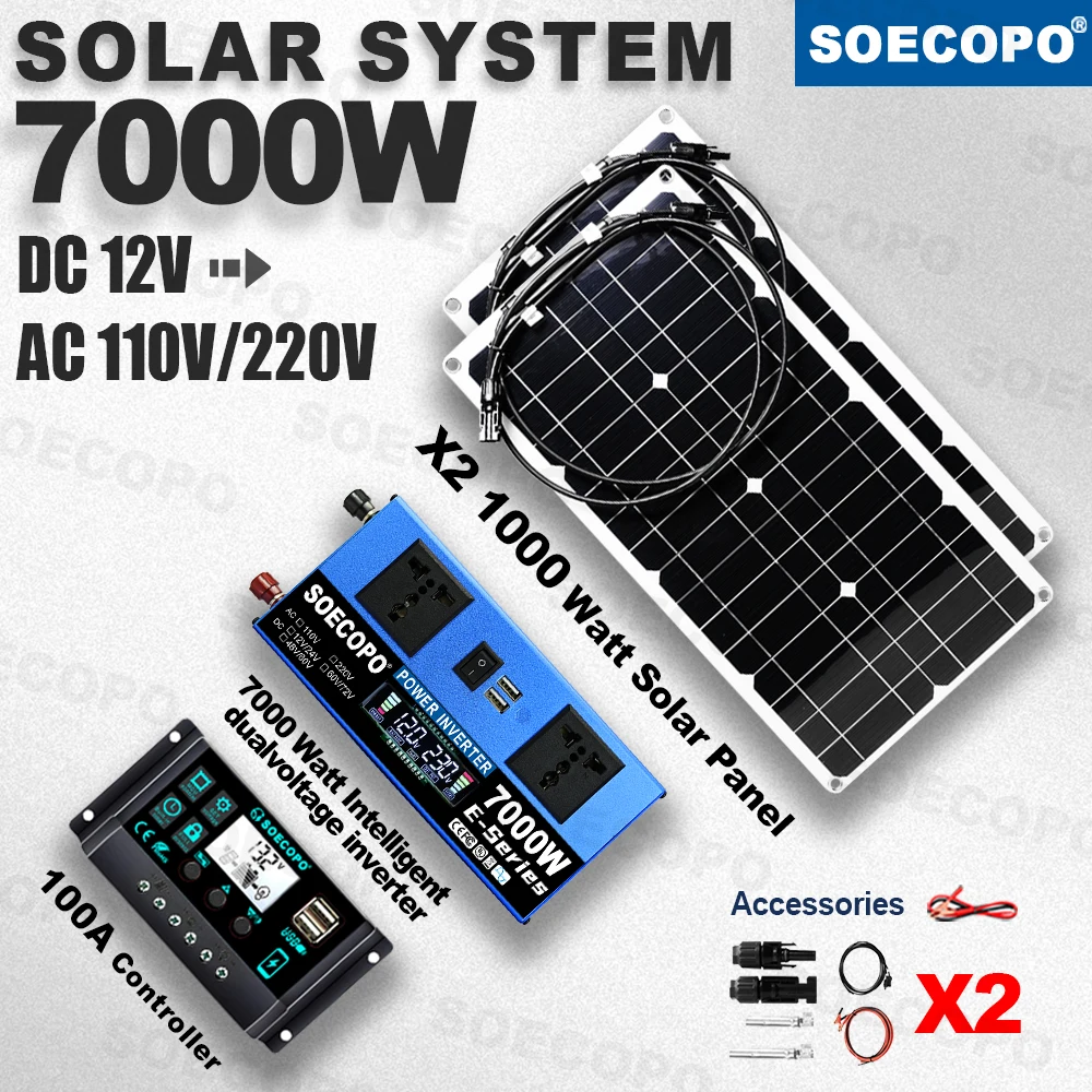 Multiple Protection 7000W Plug-and-Play Solar Kit | 2Panels 100A Controller | Dual-Voltage Inverter for home Garden Use home car