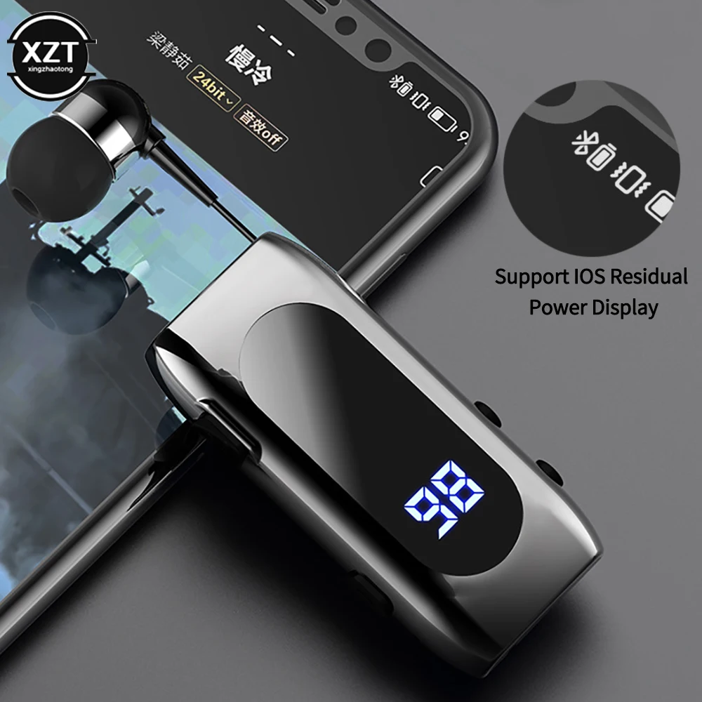 K55 Lavalier Business Bluetooth 5.2 Headphone Talk/Music Time 20 Hours,LED Digital Display, Retractable Wireless Earphones