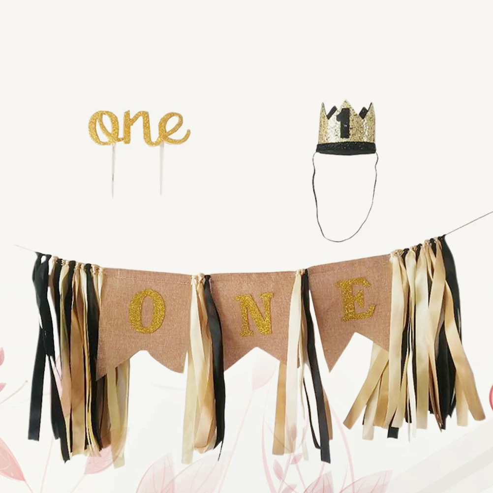 

Birthday Banner Crown Cake Topper Table Skirt Set Party Decorations Bunting Flags Chair Garland Reusable DIY Supplies