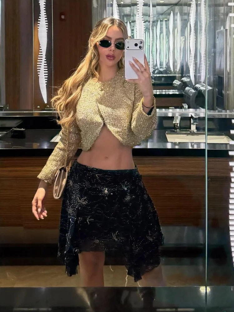 

Gold Women Tweed Style Metallic Thread Jacket Chic Elegant Cropped Length Long Sleeve 2025 Autumn Outerwear Fashion Party Jacket