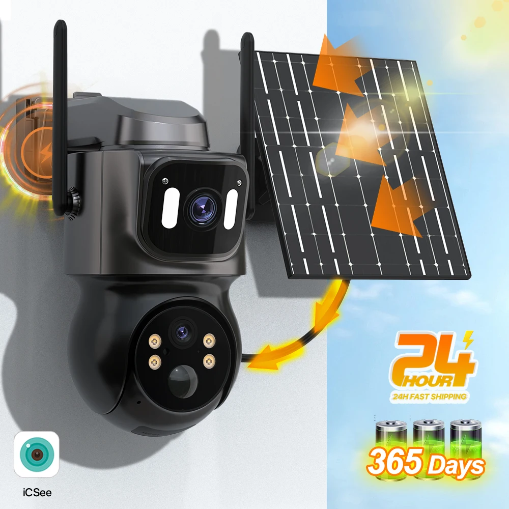 Dual Lens Solar IP Camera WiFi Outdoor PTZ Security Camera 4MP HD Built in Battery 7.6W Solar Panel Wireless Cam PIR Alarm iCsee