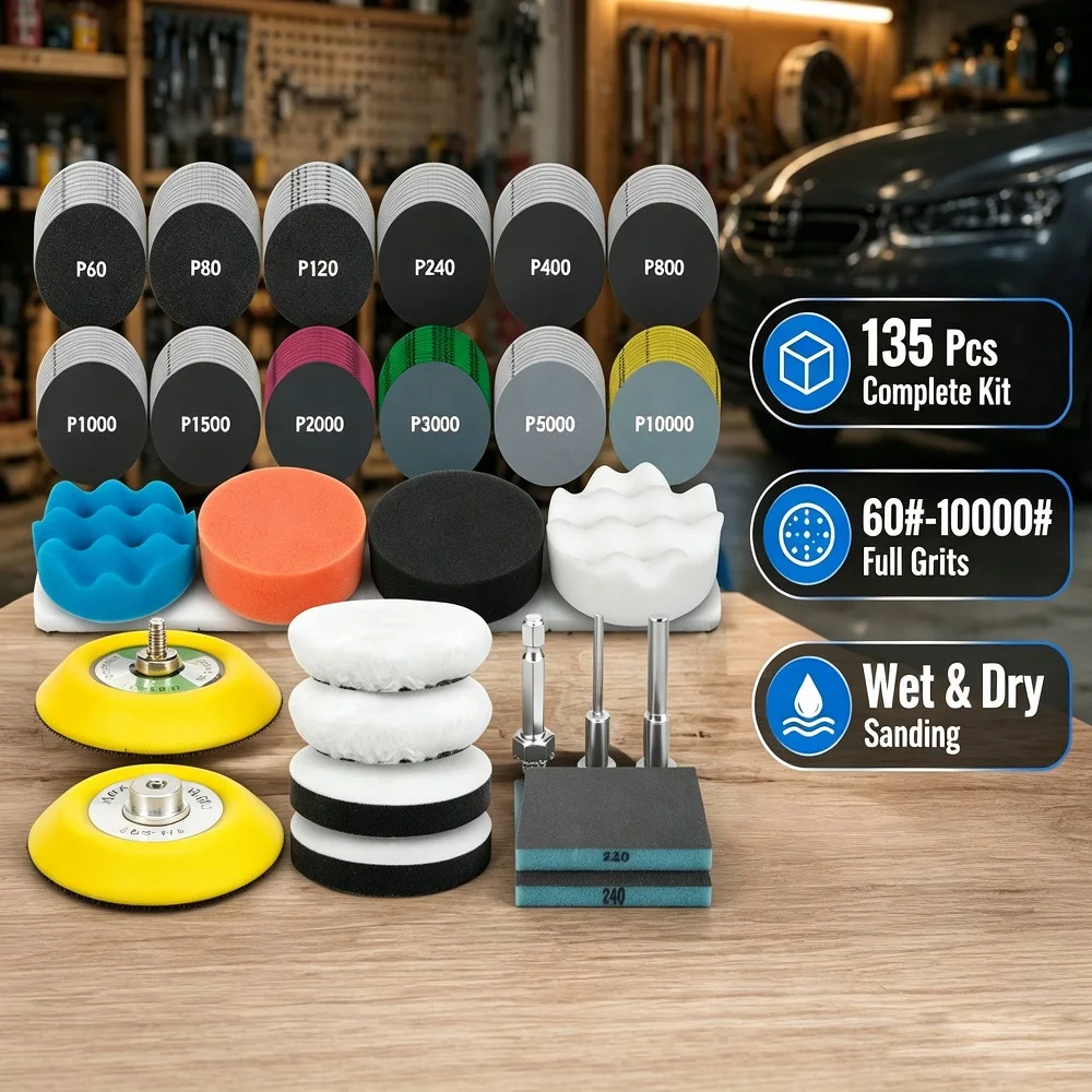 3 Inch Sanding Discs Polishing Pad Set 135 Pcs Hook And Loop Wet Dry Sandpaper For Car Headlight Metal Wood Resin Buffing