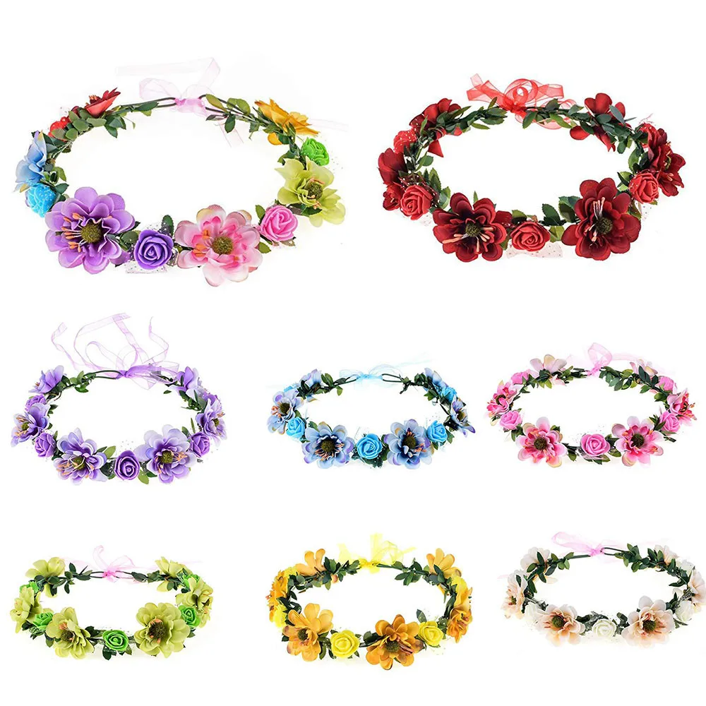 Adjustable Ribbon Flowers Leaves Headbands Girls Floral Wreath Rose Flower Crown Bridal Halo Headpiece Bohemia Garland 2024 New