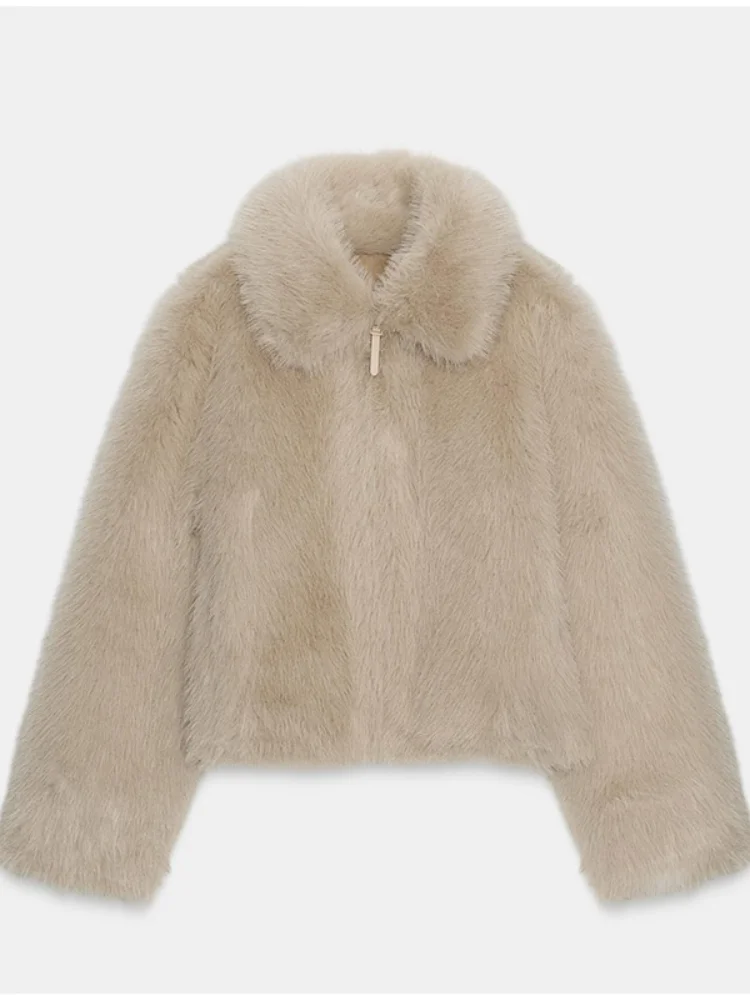 Write Tweed Thickened Lapel Outwear Faux Fur Long Sleeve Solid Color Zipper Coat Lady Elegant Winter Warm Casual Cozy Top