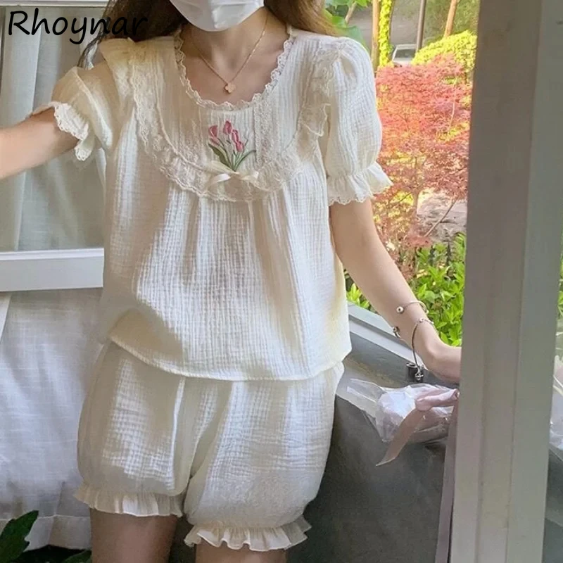 

Embroidery Pajama Sets Women Puff Sleeve Kawaii Lace Home Japanese Style Summer Students Thin Casual Ins Princess Fashion Tender