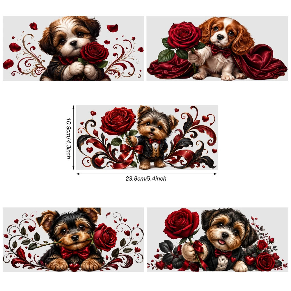 5 Sheets Romantic Puppy Rose Pattern UV DTF Stickers UV DTF Stickers Waterproof Rub on Transfers Plastic Self-Adhesive Labels