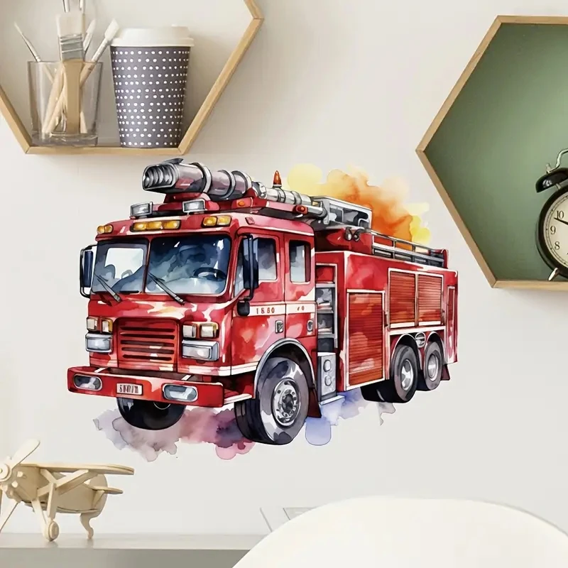 MT1178 #   Feuerwehrauto-Wandaufkleber – Vinyl-Aufkleber im zeitgenössischen Stil, ideal für Wohnzimmer, Schlafzimmer, Arbeitszimmer – selbstklebend