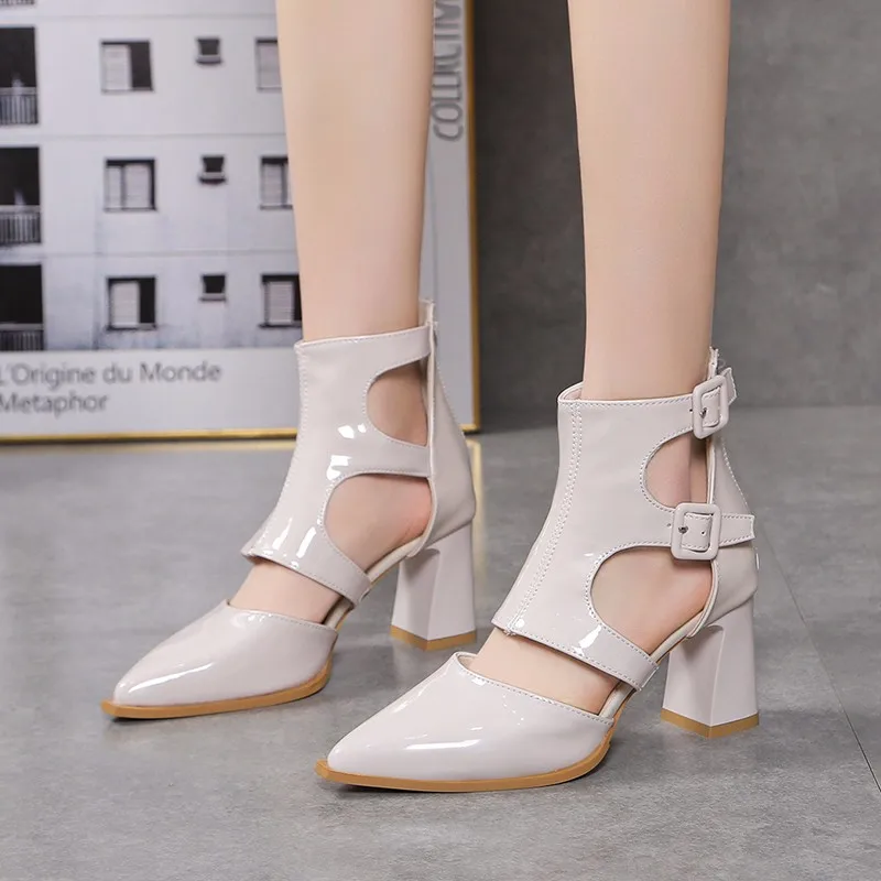 2024 New Fish Mouth High Heel Sandals Women\'s Thick Heels Summer Hollow Short Boots Mid Heel Shoes