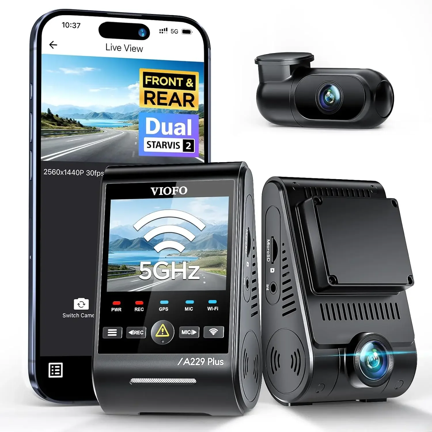 

A229 Plus Dash Cam Front and Rear, Dual STARVIS 2 Sensors, 2 Channel HDR, 1440P+1440P Voice Control Car Dash Camera, 5GHz Wi-Fi,