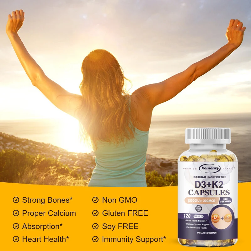 Vitamin D3 + K2 - Promotes Calcium Absorption, Bone Regeneration, Immune Support, Non-GMO