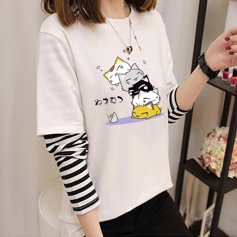 2023 Frühling Herbst koreanischen Cartoon-Druck T-Shirts Frauen Langarm gefälschte zweiteilige T-Shirt lose junge Grill Oberbekleidung schwarze Tops