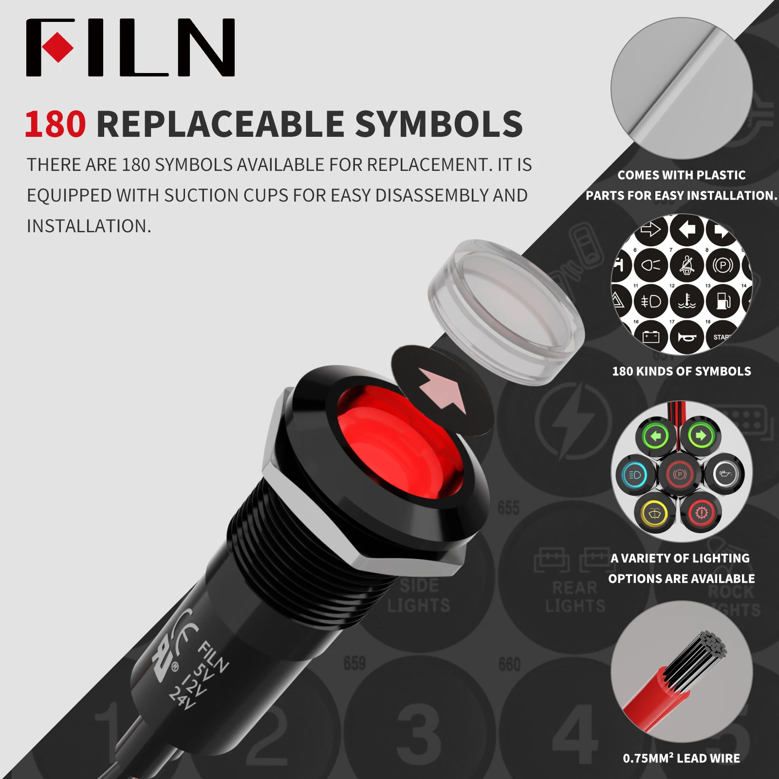 FILN 2 Stück 12mm IP67 Wasserdichte LED-Anzeigelampe 12V 24V Austauschbare Symbolleuchte 180 Symbole für Auto, Boot, Industrie – Detail 5