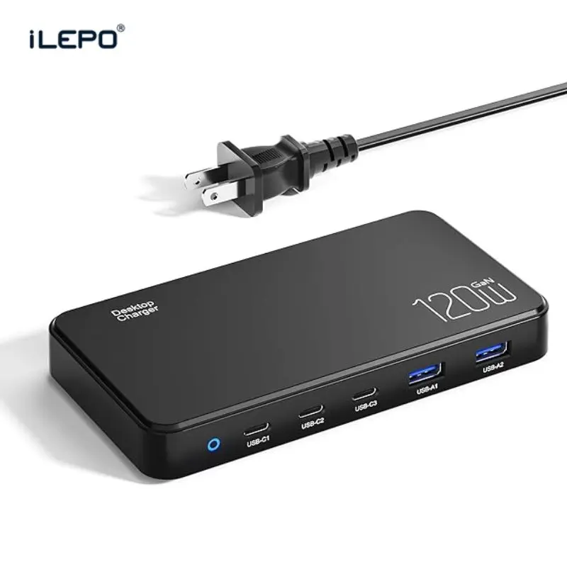 

ILEPO 120W GaN USB C Charger LED Display 5-Port Desktop Charger Type C PD 100W PPS 18W Fast Charging for MacBook Samsung iPhone