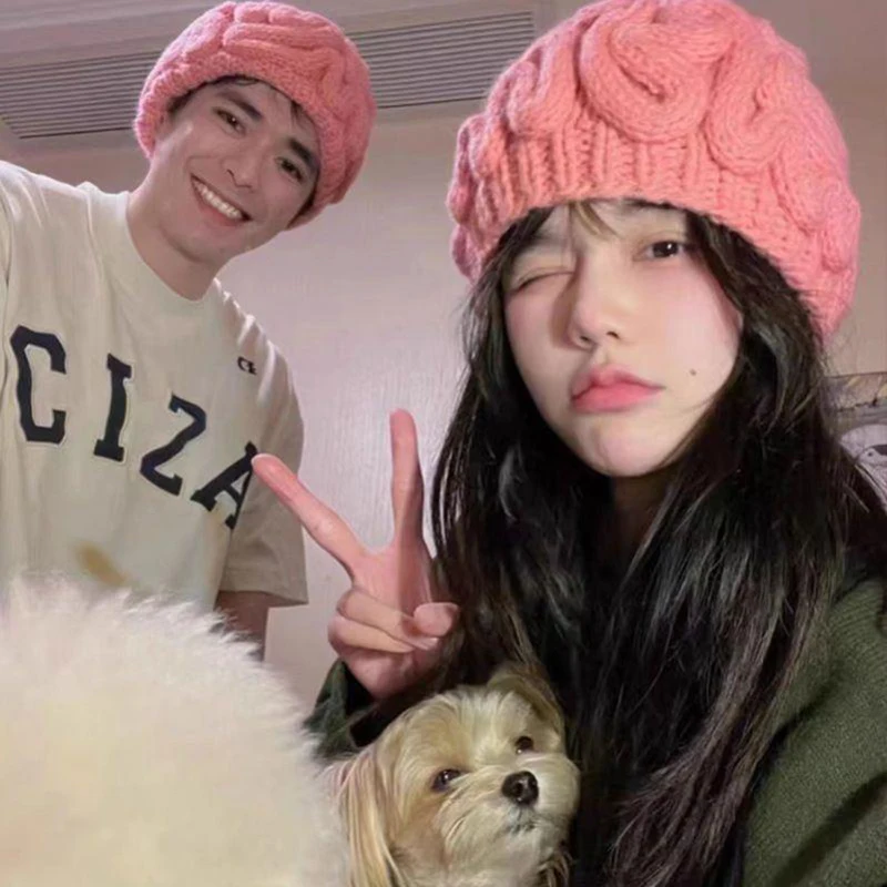 Pink Color Brimless Hat Knitted Women Men Brain Hat Thick Warm Knitted Beanie Hat Funny Brain Design for Winter Outdoor Cycling