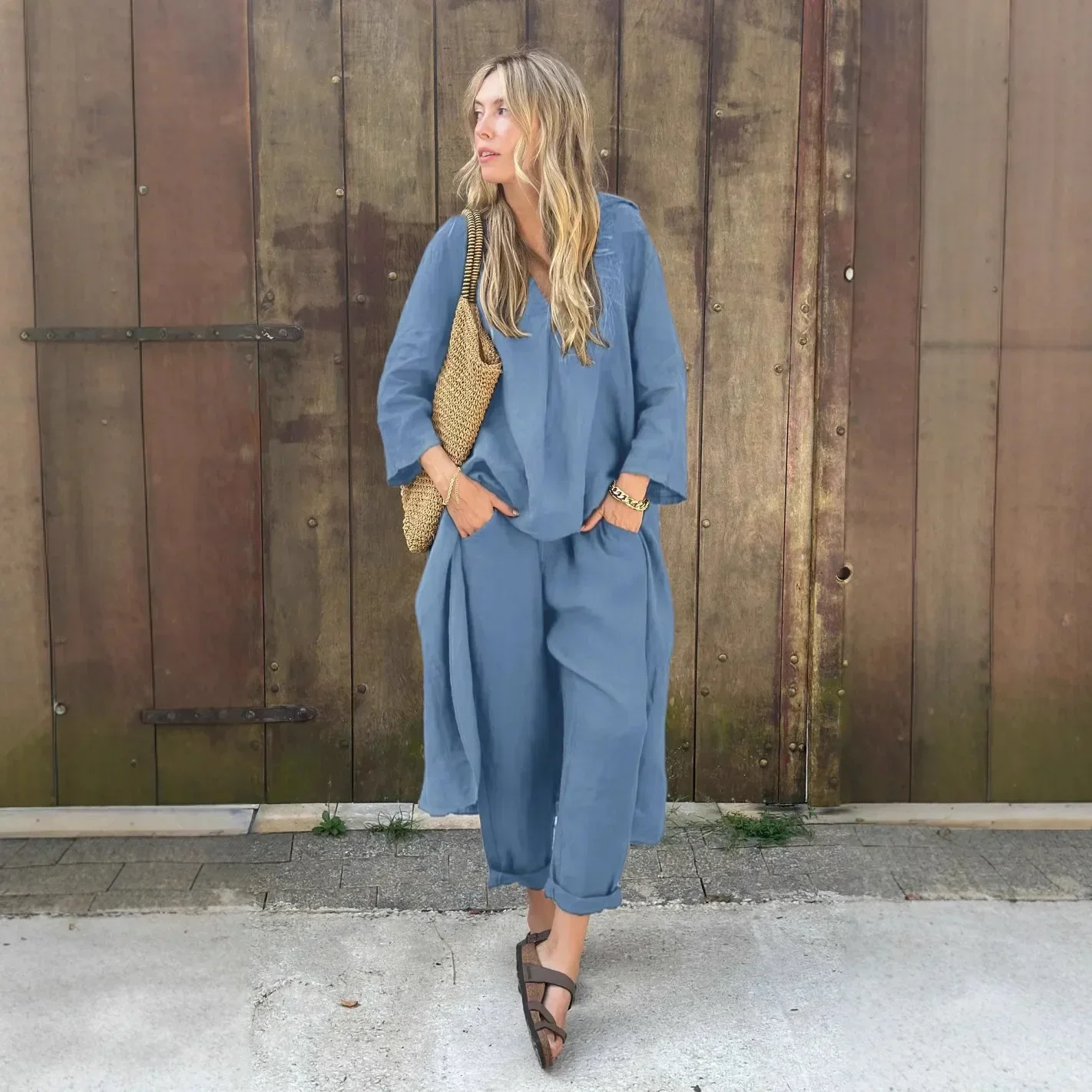 

2025 Spring New Women's 2-piece Set Solid Color Cotton And Linen Shirt Set High Waist Loose Trousers