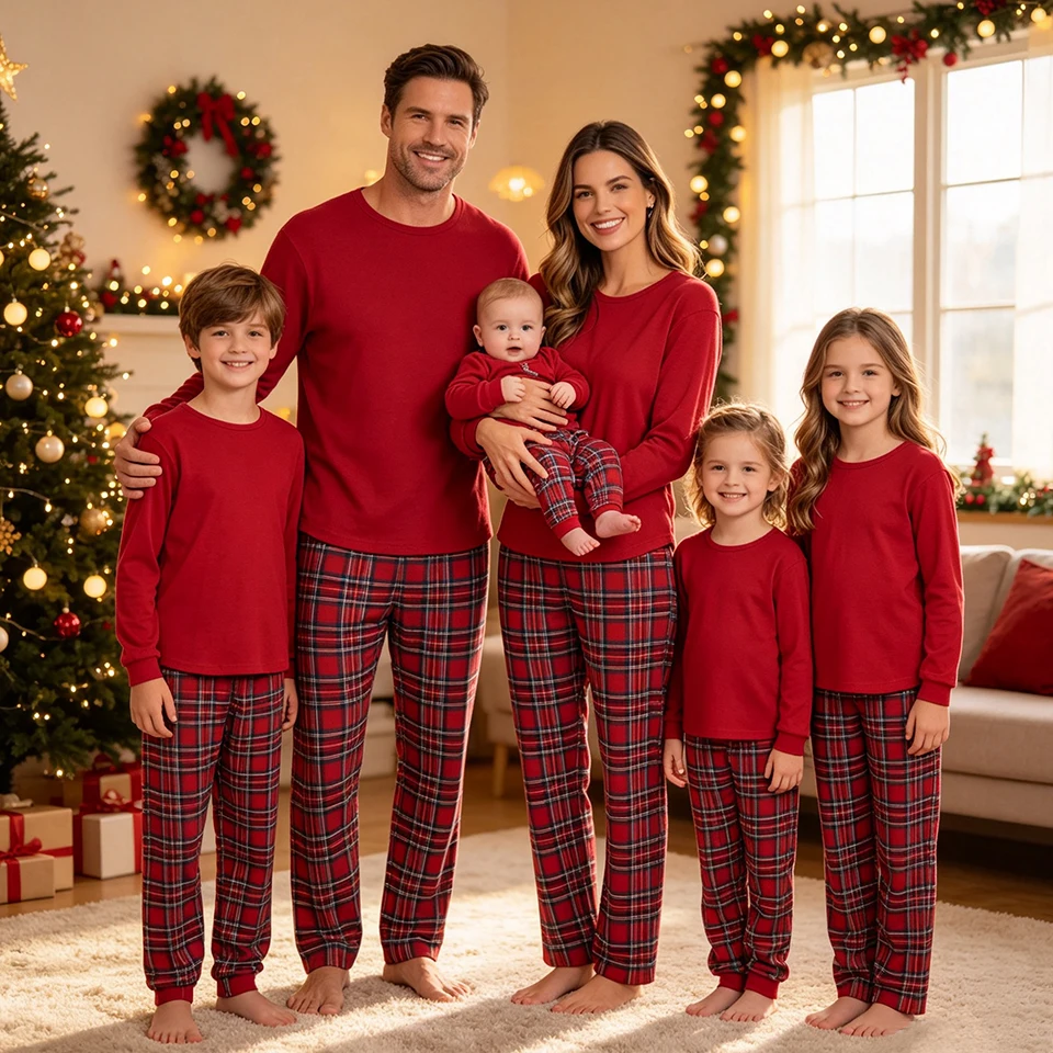 Plaid Print Matching Family Christmas Pajamas Set Holiday Sleepwear Men Women Kids Toddlers Baby Whole Family Matching Jammies - view 2