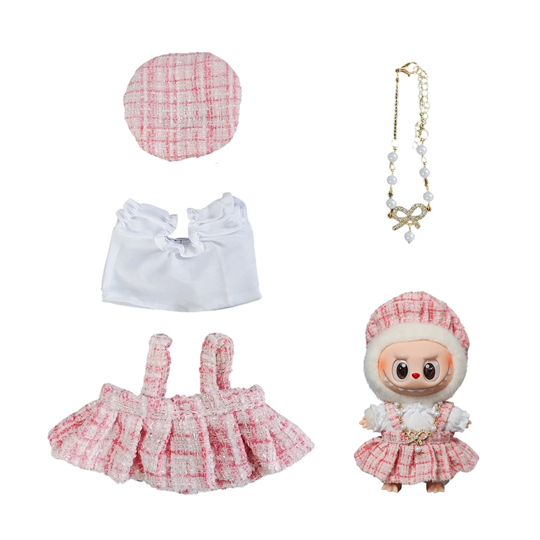 

17 см наряд куклы Labubu, розовое клетчатое платье, модный костюм для куклы V1 V2, кавайная плюшевая кукла, пеленальная одежда, подарок «сделай сам»