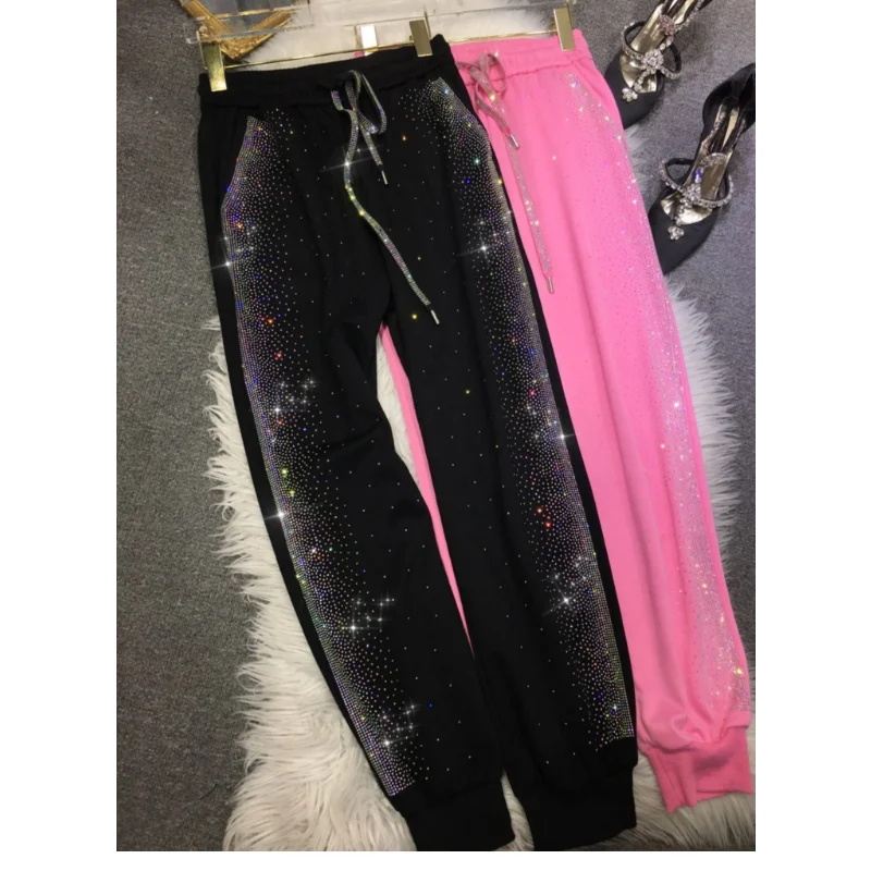 Sparking Rhinestone Luxury Plus Size Women Pants Spring Elastic Waist Casual Oversized Sweatpants for Woman Pant with Pocket