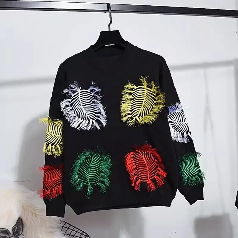 Embroidery Knitted Tracksuits Women Casual Outfits Spring Autumn Fashion Loose Black Pullover Sweater Pencil Pants Set Female