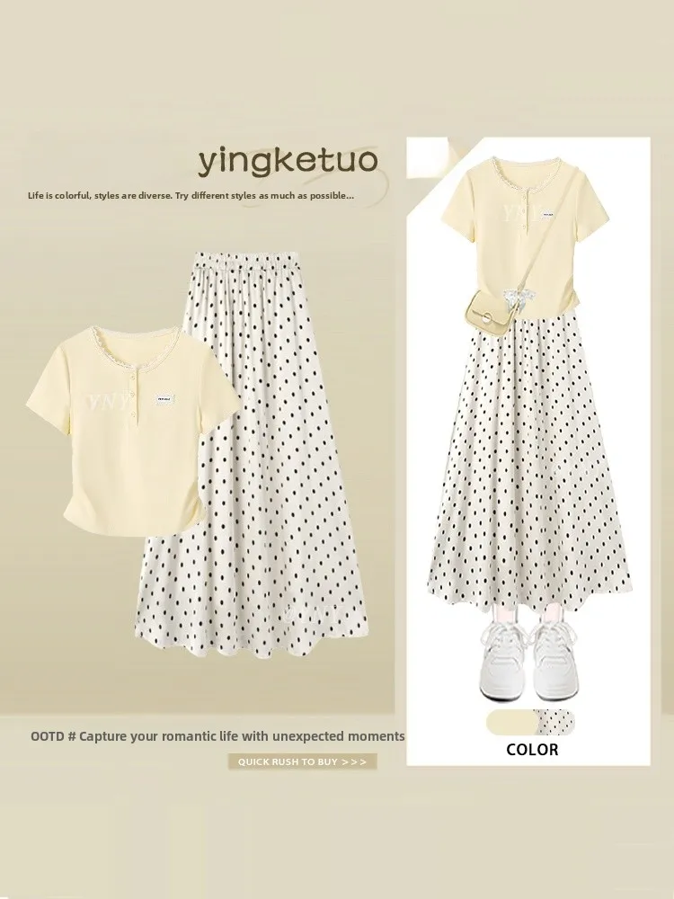 

Summer Fashion Polka Dot round Neck Short Sleeve Women's Top And Skirt Set Design Sense Anti-Aging Half-length Skirt
