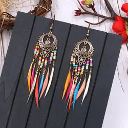Hook Earrings Jewelry Boho Women Hollow Carved Circle Feather Tassel Dangle