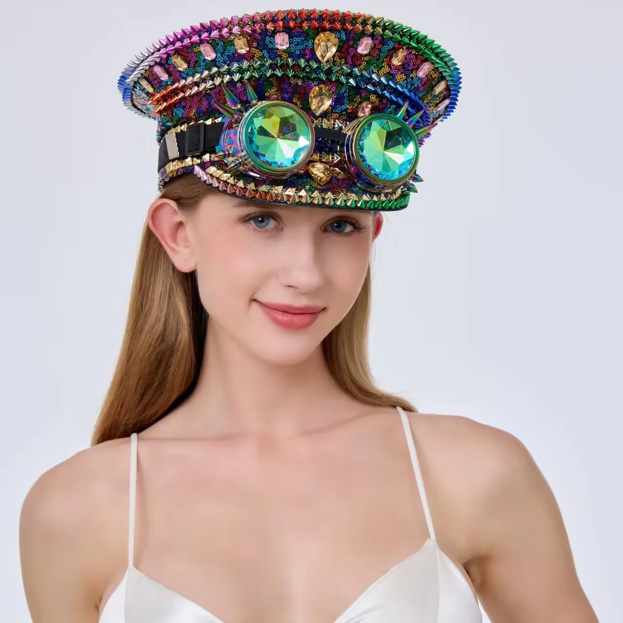 Steampunk Festival Captain Hat Rhinestone Goggles Unisex Adult Sequin Anime Accessories Music Festival Cosplay Cap