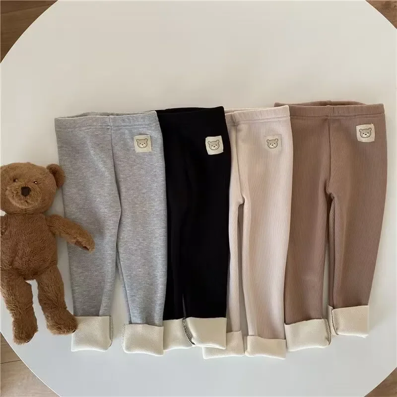 Winter Kids Fleece Lined Leggings Warm Girls Bear Patch Elastic Pants Cute Soft 1-6Y Children Trousers