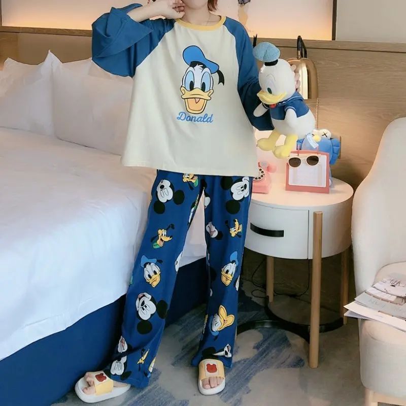 

Disney Cartoon Mickey Minnie Donald Duck Pajamas Ladies Spring and Autumn Long Sleeve Pants Cute Print Pajamas Homewear 2pcs Set