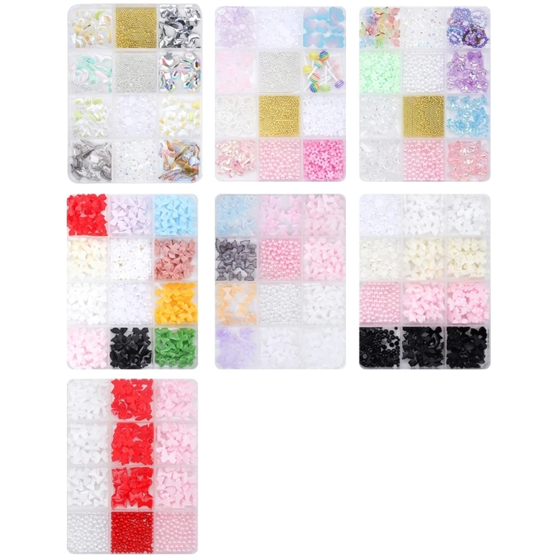 

12 Grids 3D Bows Mixed Bowknot Nails Art Pearls Resin Nails Art Decorations for Acrylic Nails