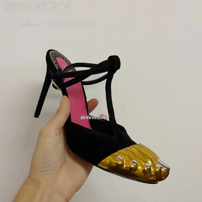 Sandales à Cinq Doigts en Daim pour Fille, à Lanières Noires, Dorées, Rondes, Stiletto, Sangles de Rincage, Talons Creux, Style de Rue