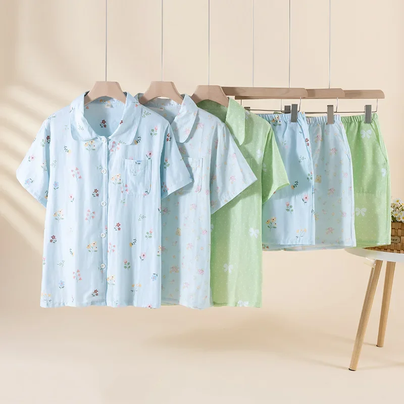 

Korean Fashionable Floral Printed Style Cotton Women's Thin Home Wear Casual Loose Turn-Down Collar Short Sleeve Shorts Suit