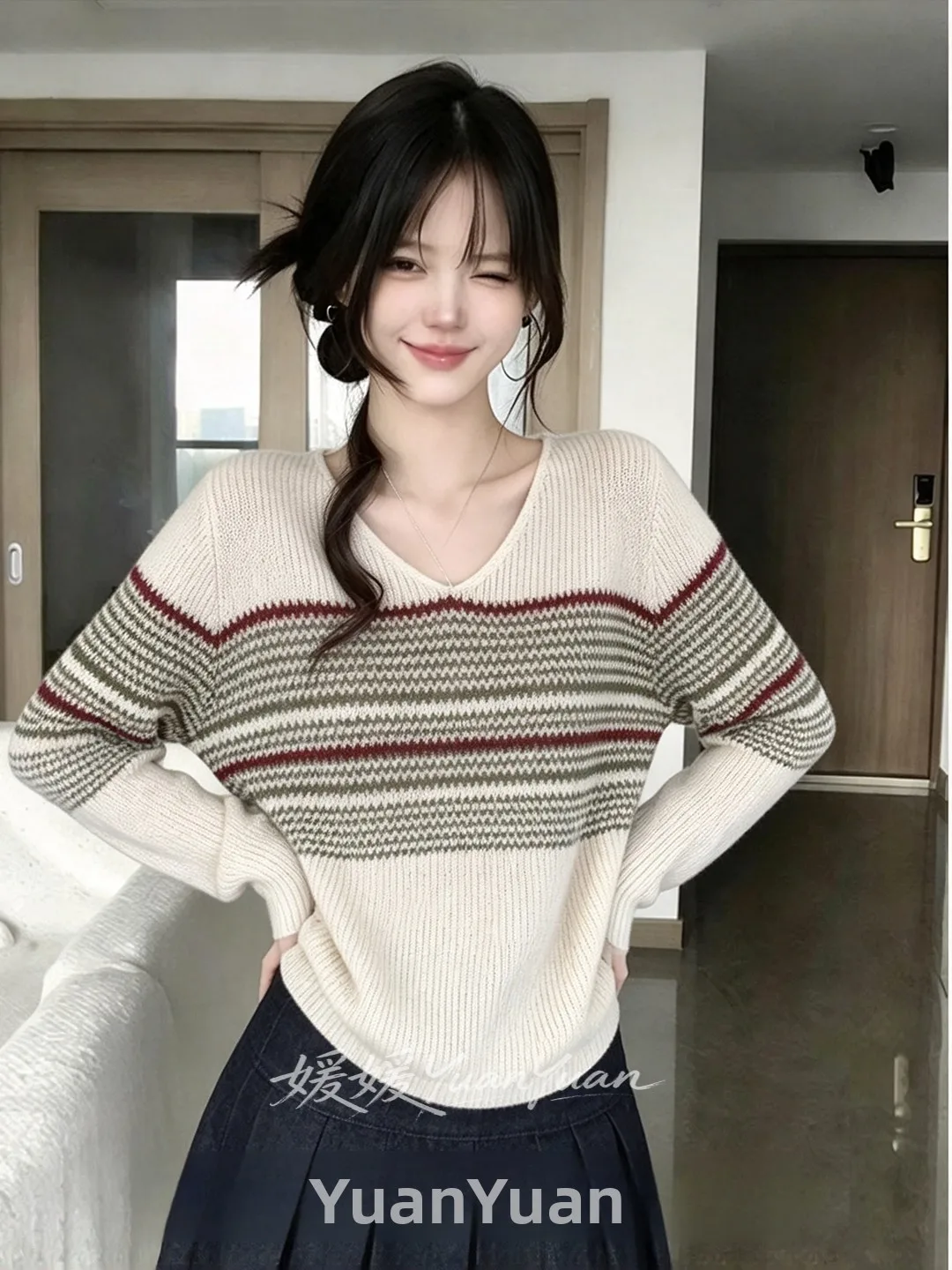 Color Block Stripe V Neck Cashmere Knitted Sweater Women's Autumn Winter Long Sleeve Loose Slimming All Match Hoodie Base Swe...