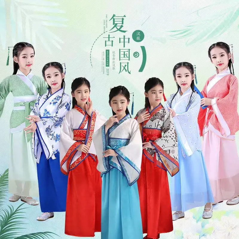 Chinese silk robe Costume Girls Children Kimono China Traditional Vintage Ethnic Fan Students Chorus Dance Costume Hanfu