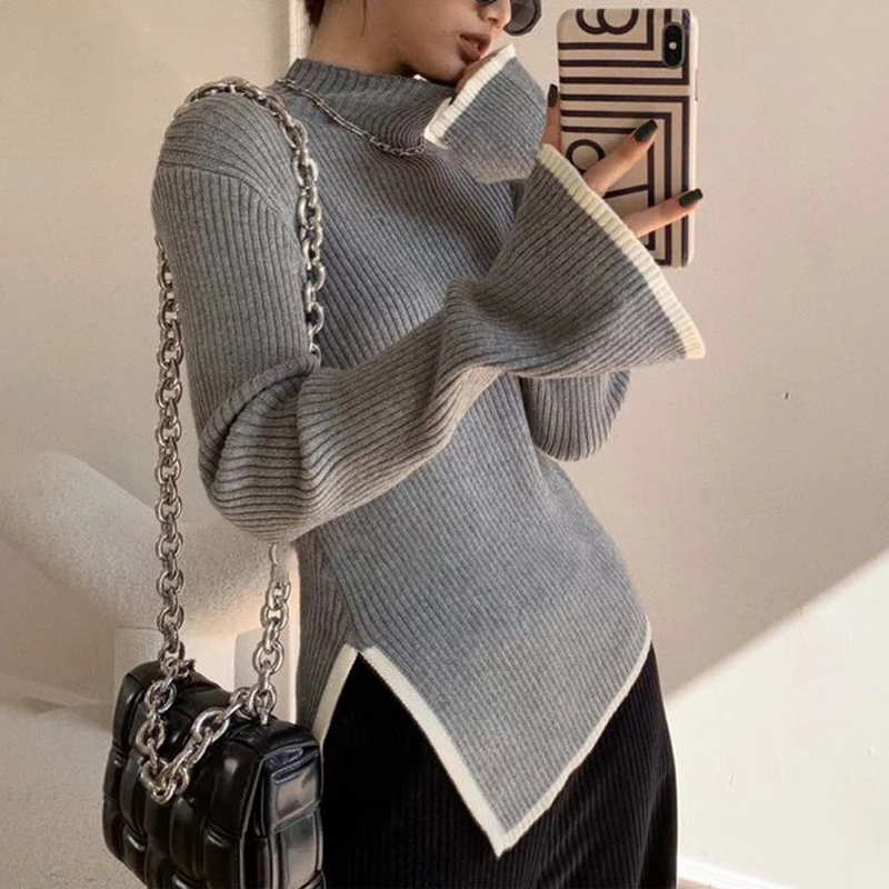 Elegant Korean Fashion Turtleneck Contrast Color Basic Knitted Sweater Autumn Winter Women\'s Slim Asymmetry Top Pullovers Jumper